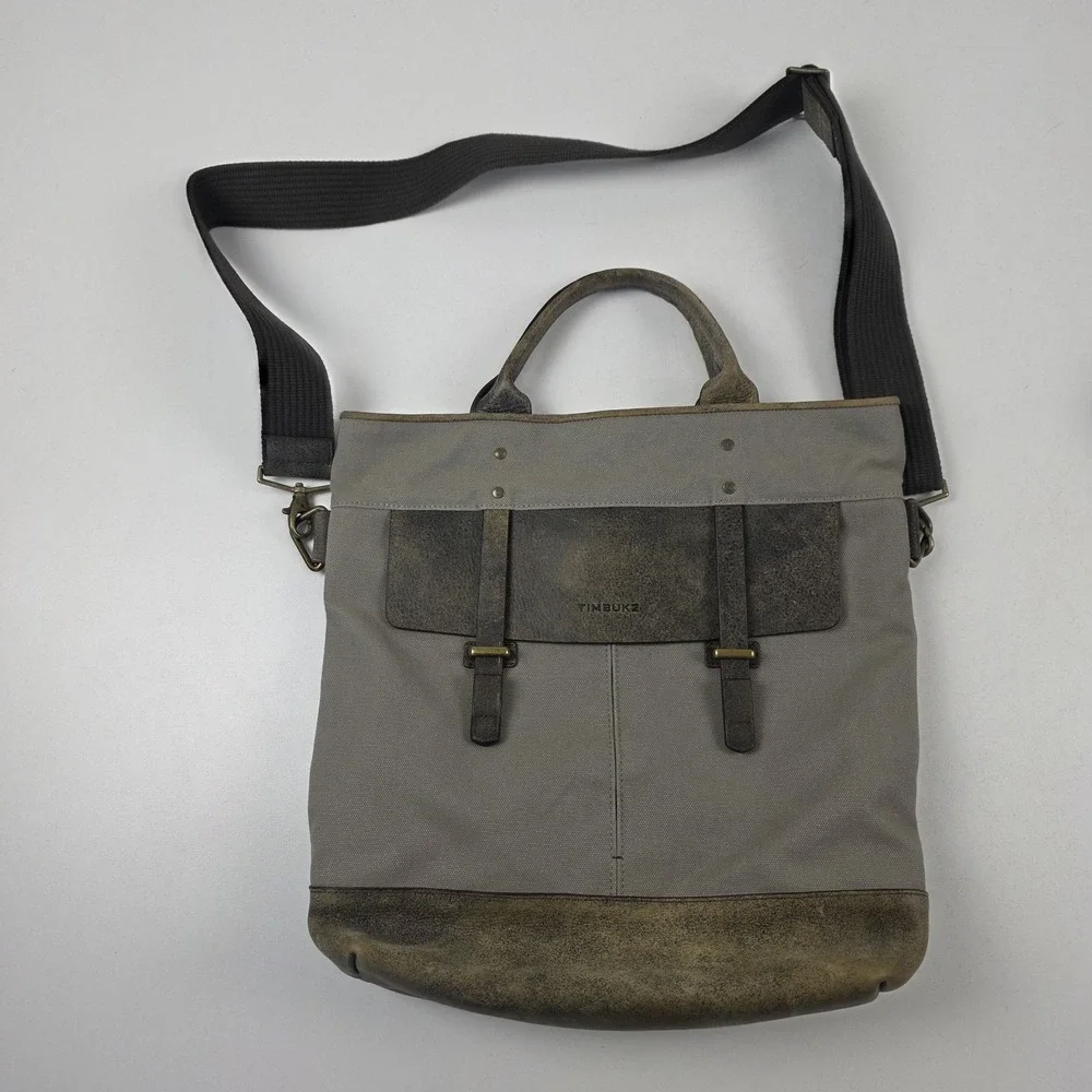 Timbuk2 Tote Bag Mens Large Gray Canvas Faux Leather Crossbody Shoulder Laptop